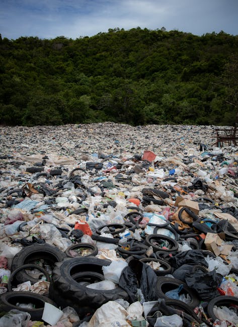 A large open area covered with a mixture of waste materials, predominantly black rubber tires that vary in size and are scattered across the foreground. Interspersed among the tires are white and colored plastic bags, cardboard boxes, and miscellaneous household rubbish. The waste appears unorganized and extends across the entire width of the image, with some debris piled haphazardly. In the background, there is a natural landscape with green, densely wooded hills under a partly cloudy sky, contrasting with the foreground of discarded rubbish. This scene exemplifies an unmanaged or illegal waste disposal site, highlighting the importance of professional rubbish removal services like those offered by waste clearance specialists to prevent environmental pollution and support proper waste handling.